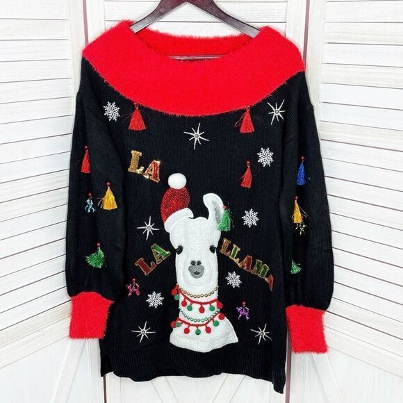 Holiday Time La La Llama Ugly Christmas Tunic Sweater Black Small - Picture 9 of 15
